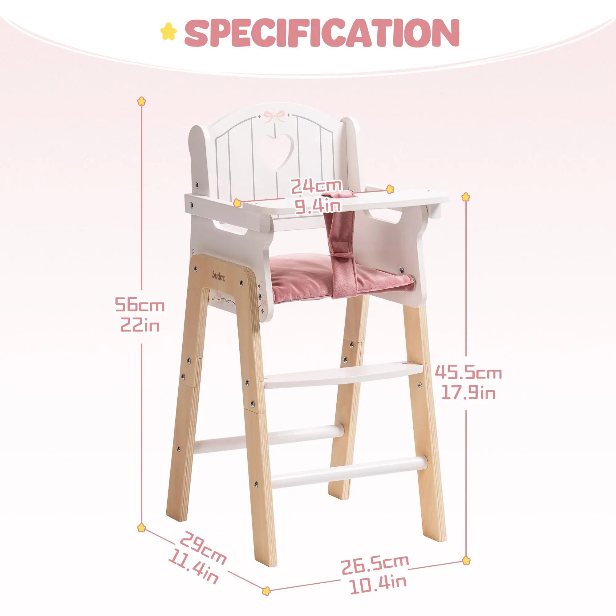Wooden Pretend Play High Chair for 18-20" Dolls with Cushion and Movable Table for Girls.