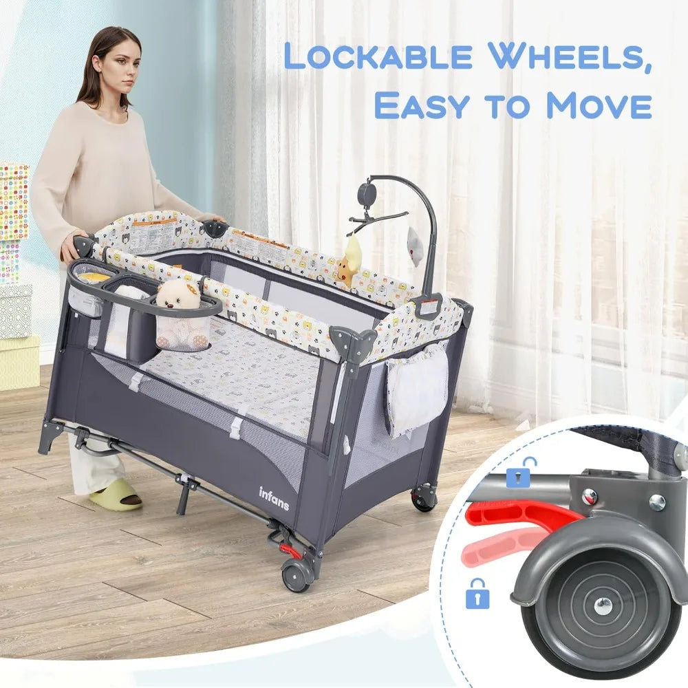 5 in 1 Pack and Play Baby Bedside Sleeper Crib - Portable Baby Crib with Mattress, Bassinet, Diaper Changer, Storage Rack and Music Box Hanging Toy.