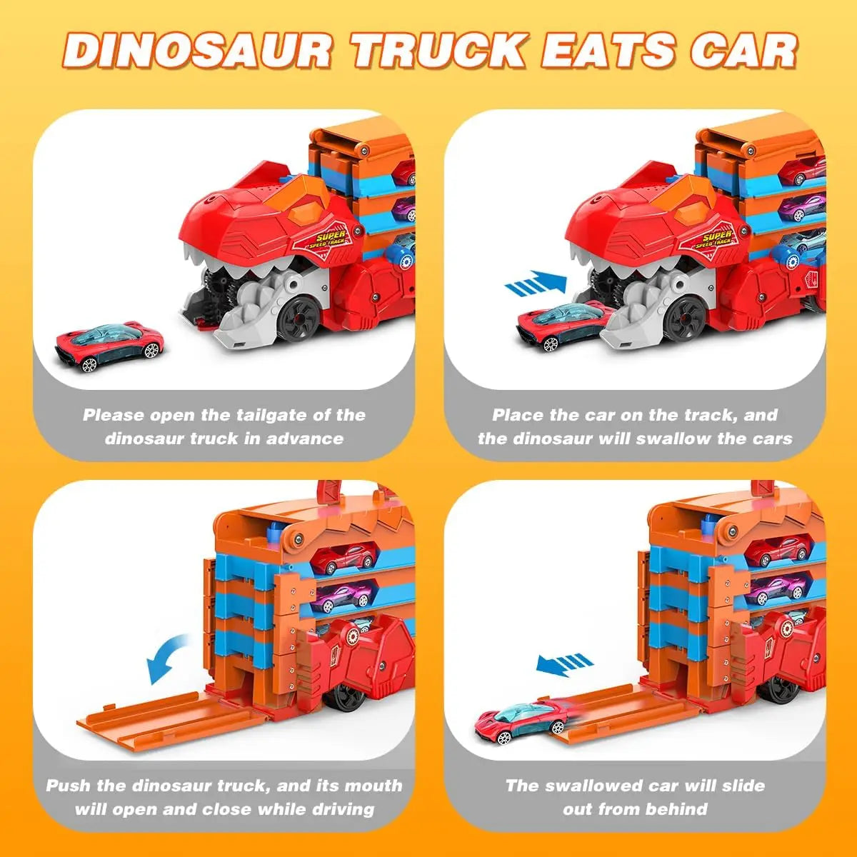 Dinosaur 3-In-1 Transport Truck Toy for Boys Age 3+ - 8 Race Cars Ejection Folding Portable ck Toy with Sound for Kids