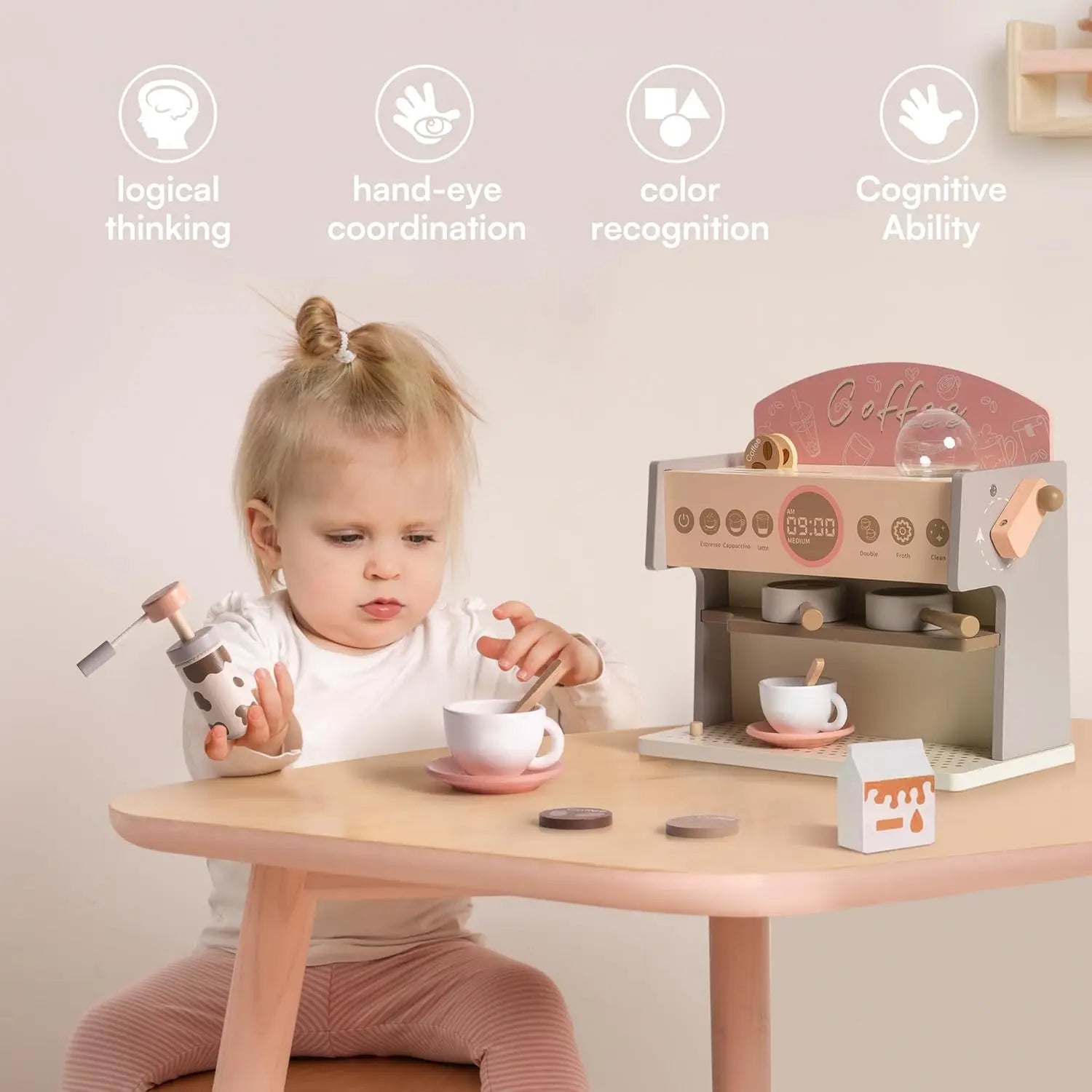 Wooden Montessori Pretend Play Coffee Espresso Machine for Kids.
