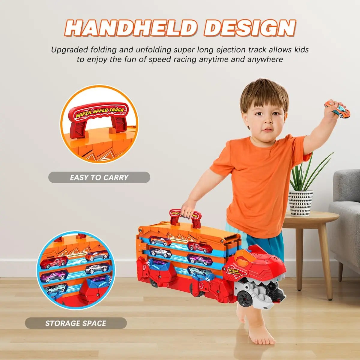 Dinosaur 3-In-1 Transport Truck Toy for Boys Age 3+ - 8 Race Cars Ejection Folding Portable ck Toy with Sound for Kids