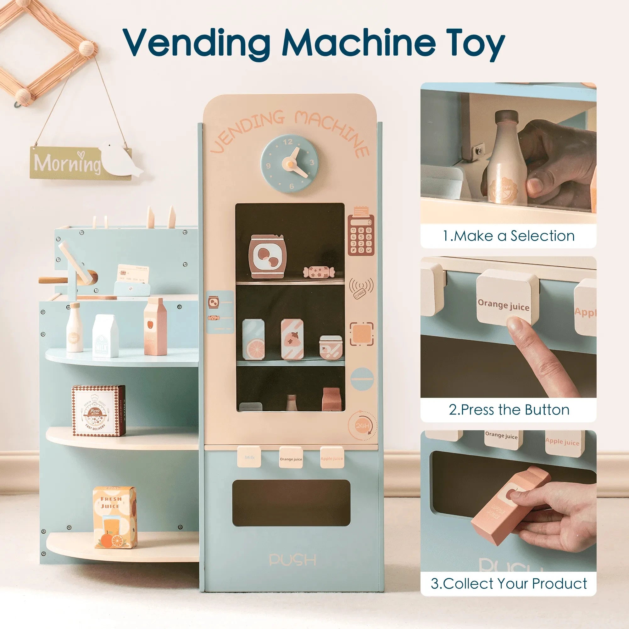 Wooden Montessori Educational Supermarket Pretend Playset with Cash Register, Vending and Coffee Machine and Accessories.
