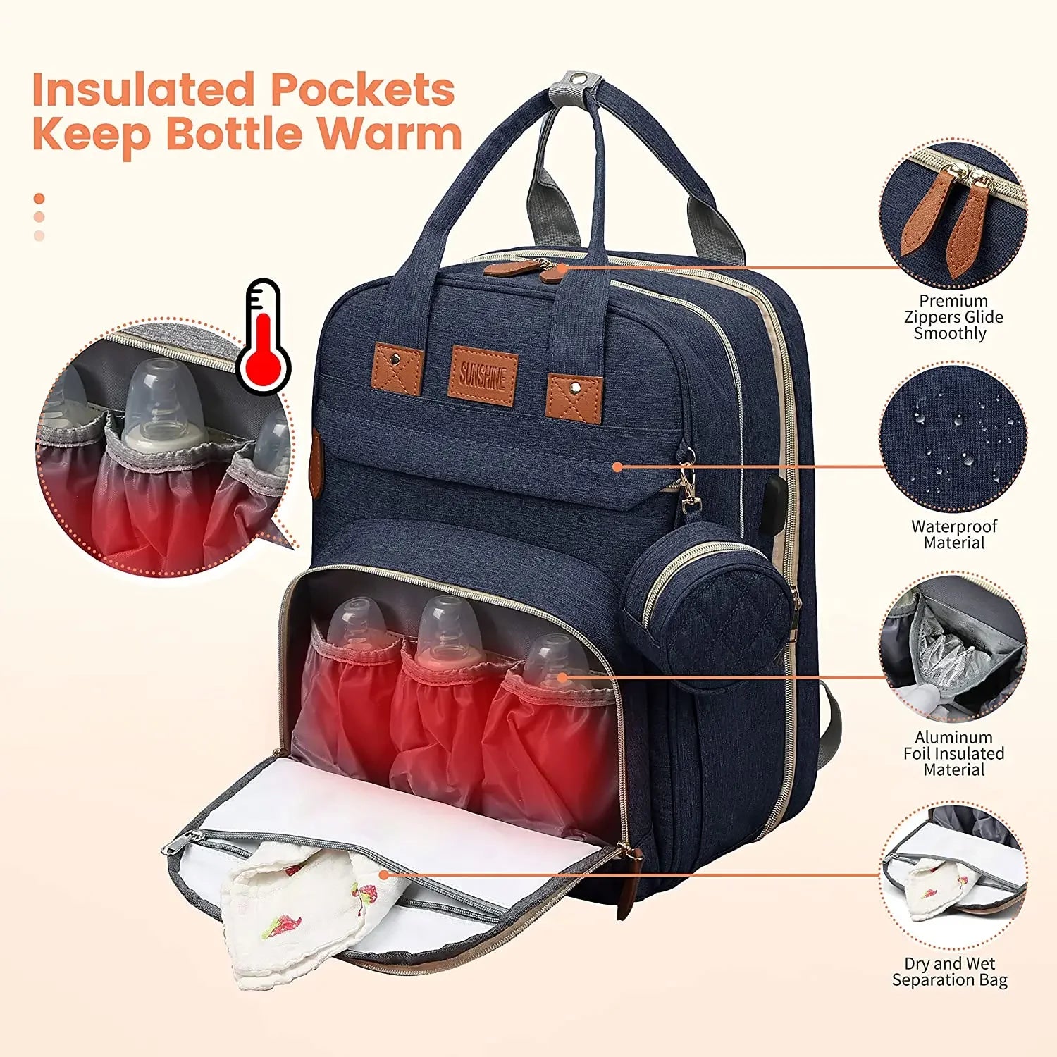 Diaper Bag with Changing Station - Large Waterproof 3 in 1 Baby Diaper Backpack with Foldable Changing Pad with USB Charger.
