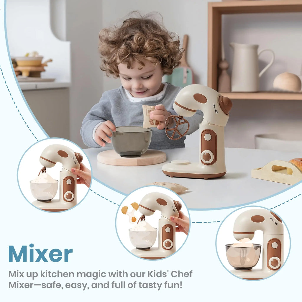 Wooden Kitchen Appliances Playset - 4 x Pieces - Pop-Up Toaster, Mixer, Blender with Realistic Sounds, Egg Steamer and 30 x Play Kitchen Food Accessories for Kids.