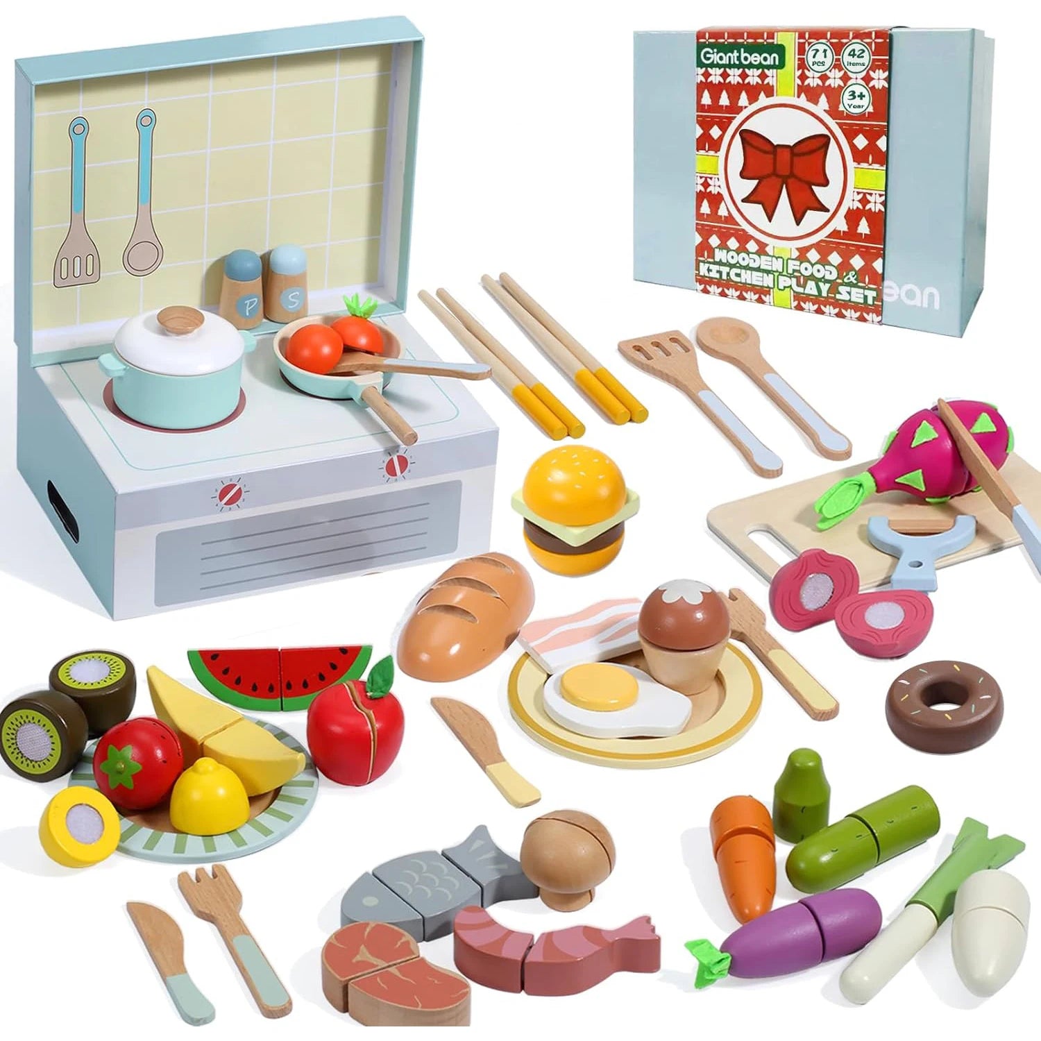 Wooden Montessori Pretend Play Toy Food Set for Kitchen - 78pcs Vegetables, Fruits, Cutting Toys, Play Dishes