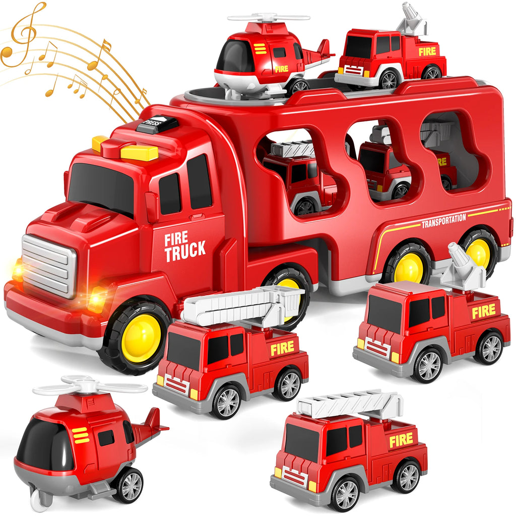 5 In 1 Fire Carrier Truck With Light And Sound Mini Helicopter and Crane Cars for Boys Age 1-5