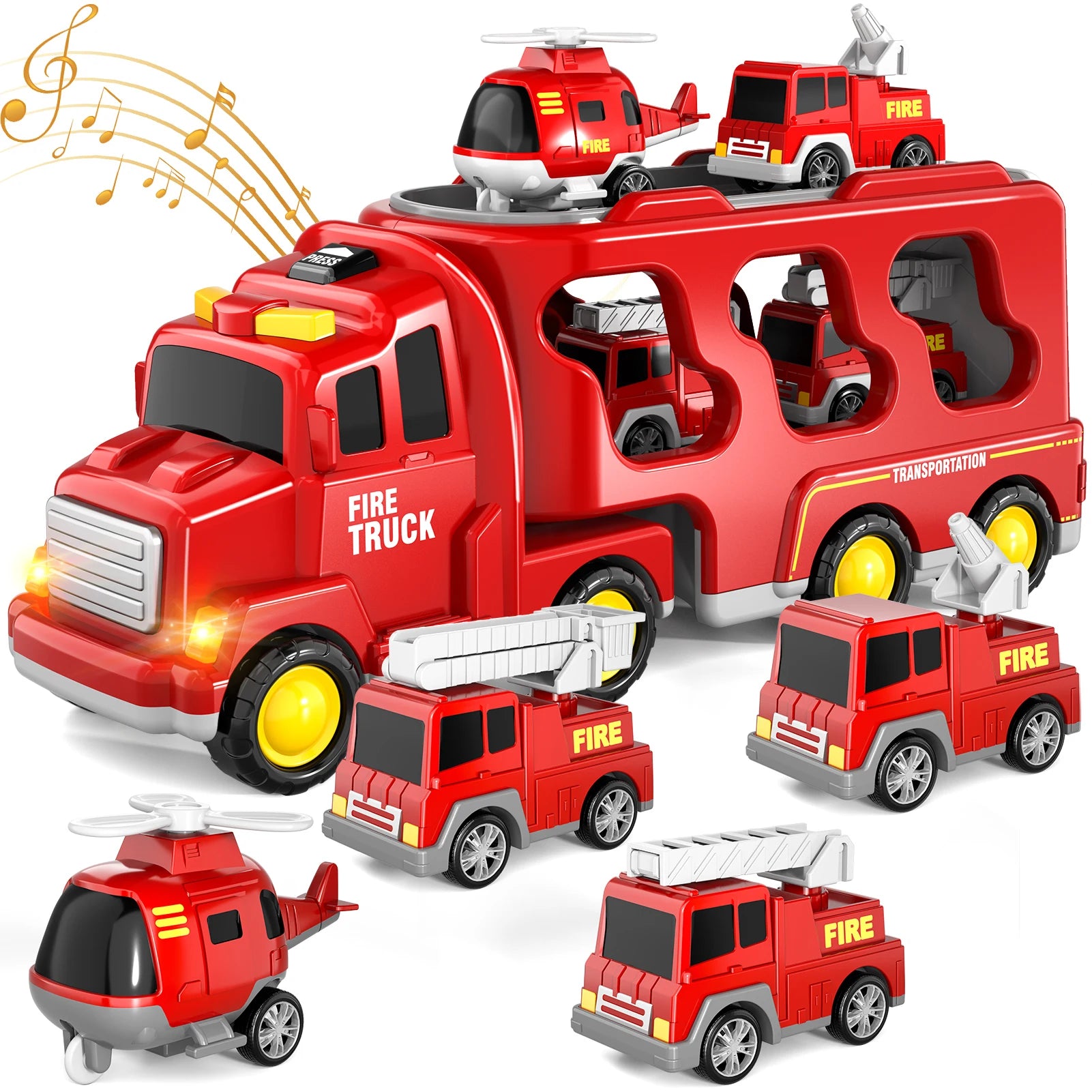 5 In 1 Fire Carrier Truck With Light And Sound Mini Helicopter and Crane Cars for Boys Age 1-5