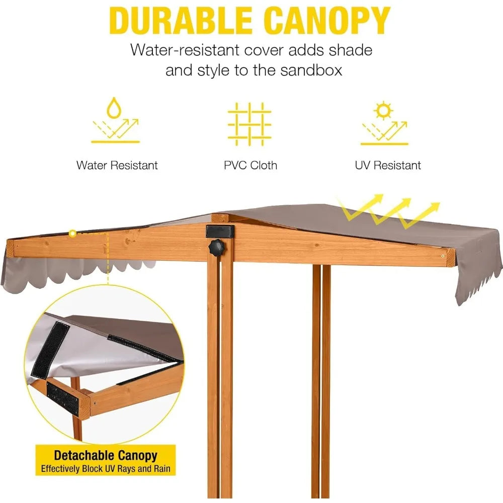 Wooden Outdoor Sandbox Playset with Adjustable Canopy and Foldable Bench Seats for Kids