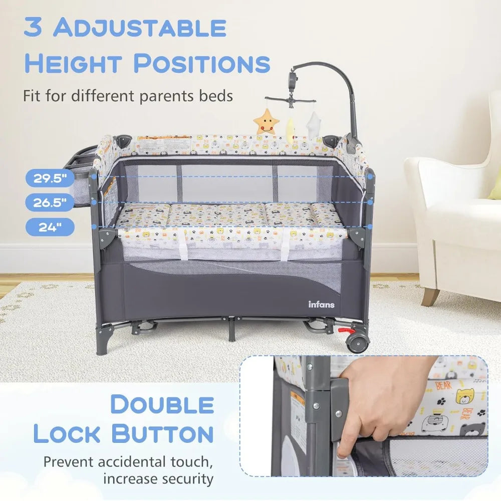 5 in 1 Pack and Play Baby Bedside Sleeper Crib - Portable Baby Crib with Mattress, Bassinet, Diaper Changer, Storage Rack and Music Box Hanging Toy.