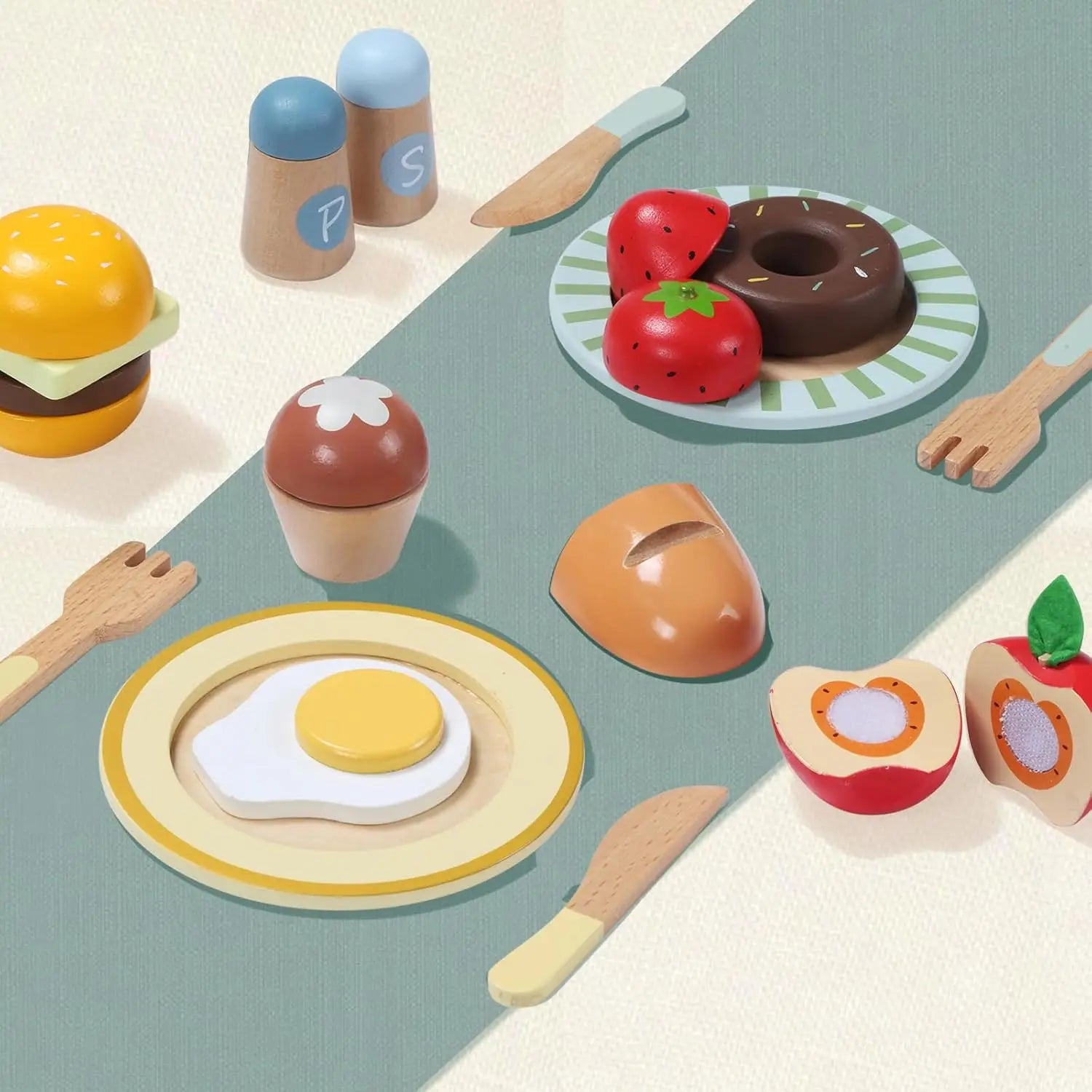 Wooden Montessori Pretend Play Toy Food Set for Kitchen - 78pcs Vegetables, Fruits, Cutting Toys, Play Dishes