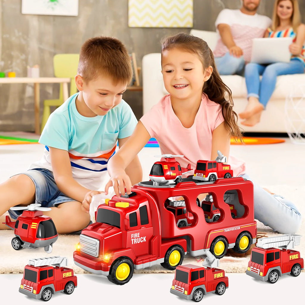5 In 1 Fire Carrier Truck With Light And Sound Mini Helicopter and Crane Cars for Boys Age 1-5