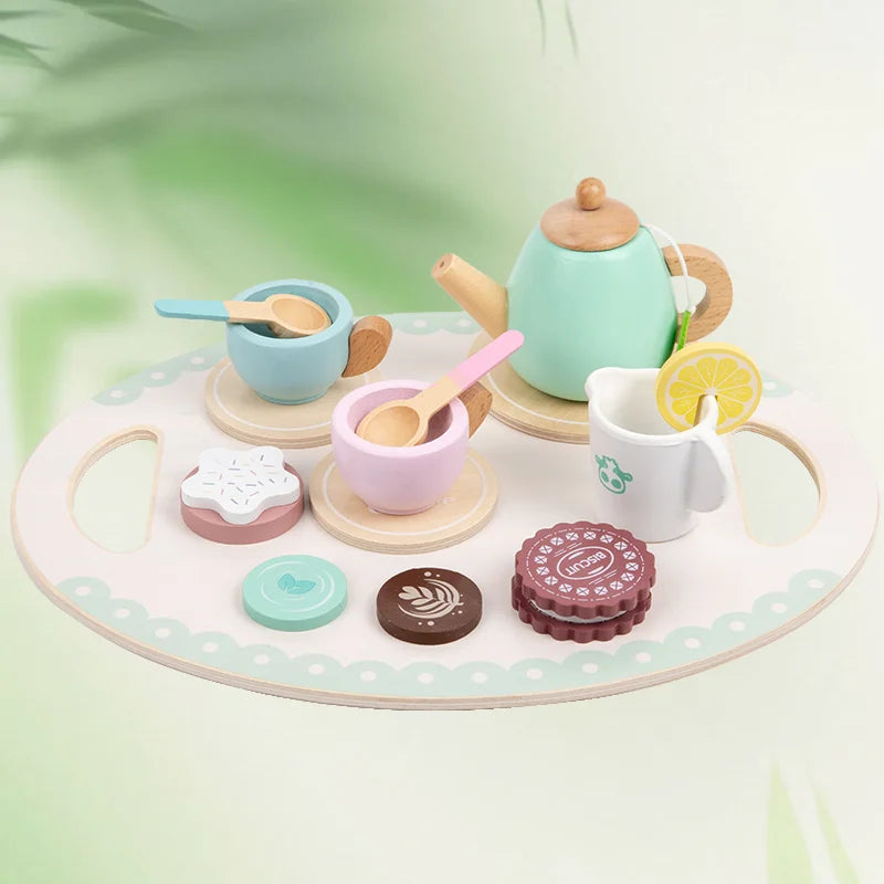 Wooden Montessori Tea Set Party Pretend Play Toy - Tableware & Dessert.