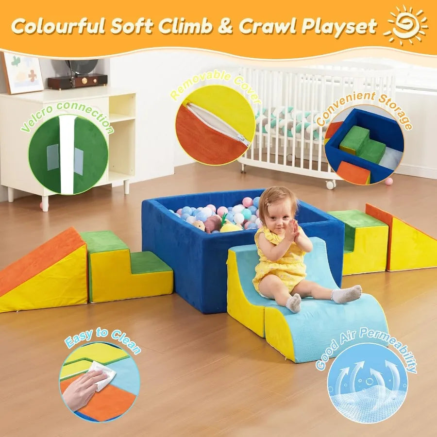 Indoor Colorful Soft Play Soft Foam Climbing Blocks and Ball Pit - 6 pcs - for Toddlers.