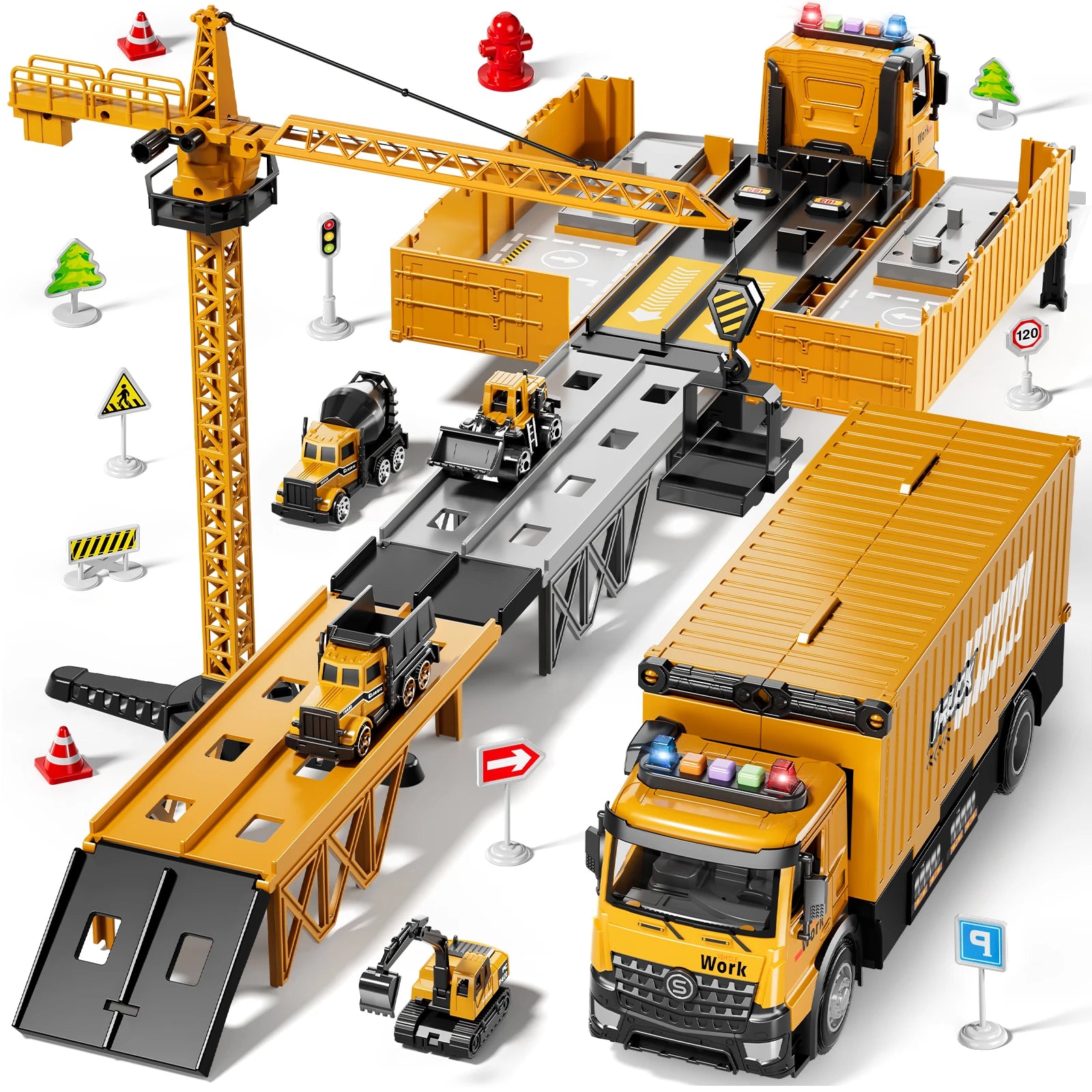 Carrier Construction Truck Toy Set - With Tower Crane, Lights, Sound and 4 Construction Vehicles for Boys