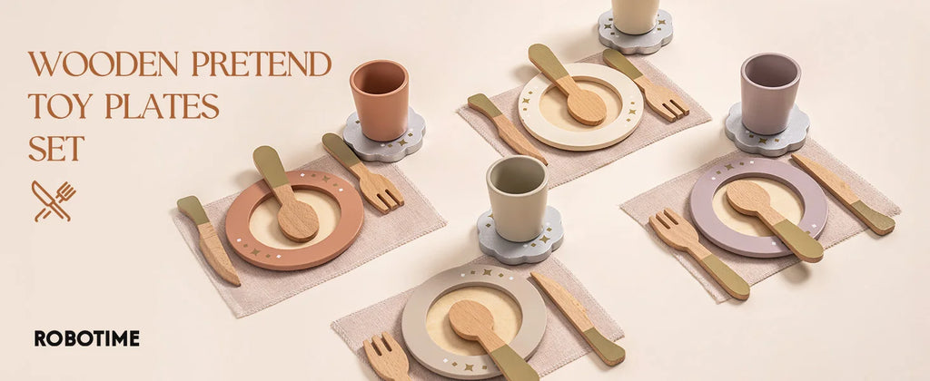 Wooden Montessori Pretend Play Kitchen Dishes - 29PCS Set of Plates and Dishes