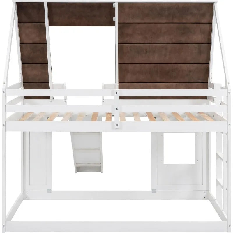 Wooden Twin Over Bunk Bed Frame with Roof, Window, Ladder and Slide for Boys and Girls