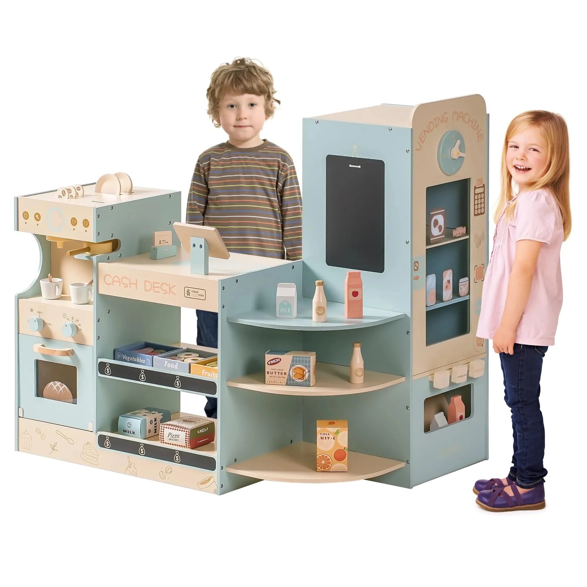 Wooden Montessori Educational Supermarket Pretend Playset with Cash Register, Vending and Coffee Machine and Accessories.