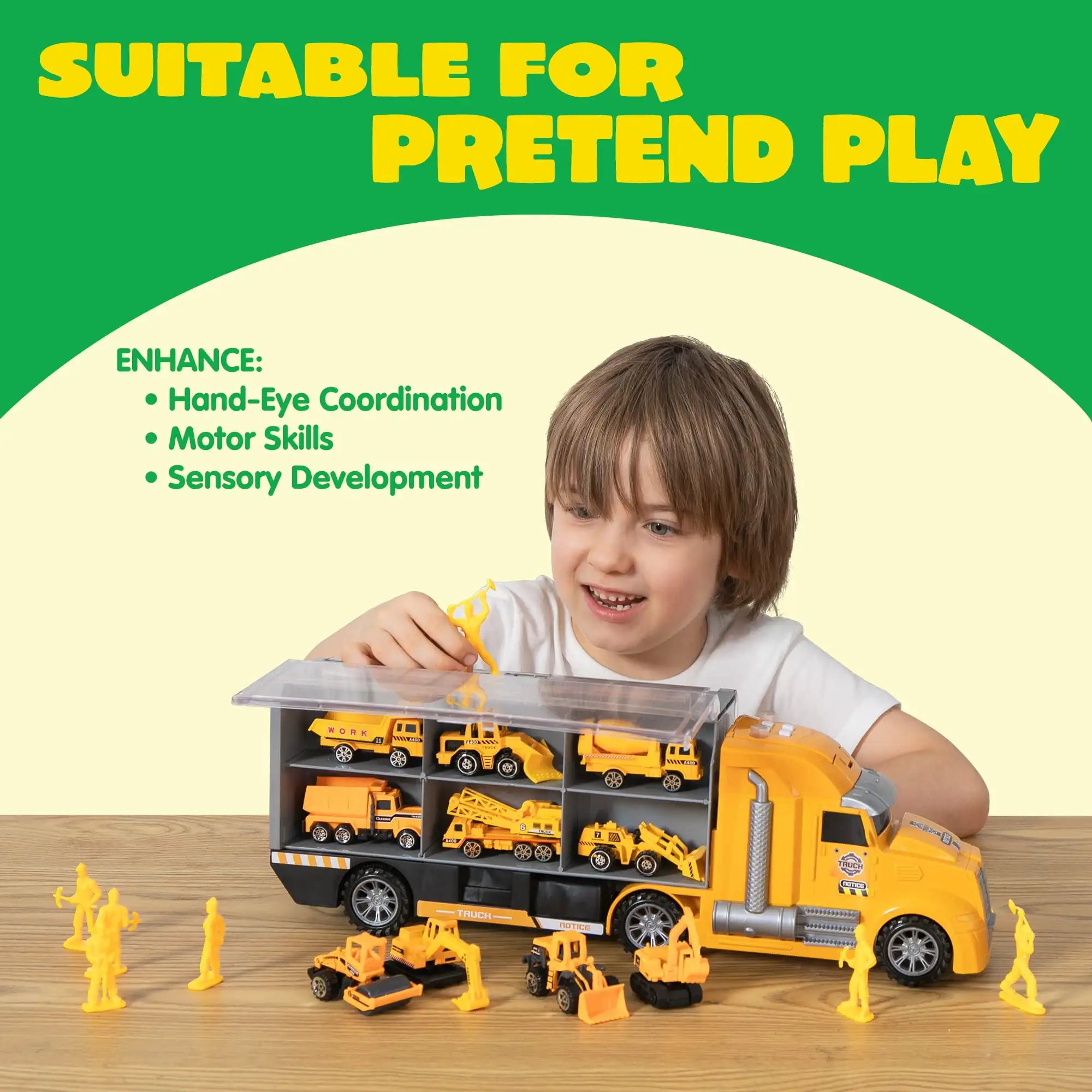 Construction Truck Transporter with 12 x Trucks for Boys