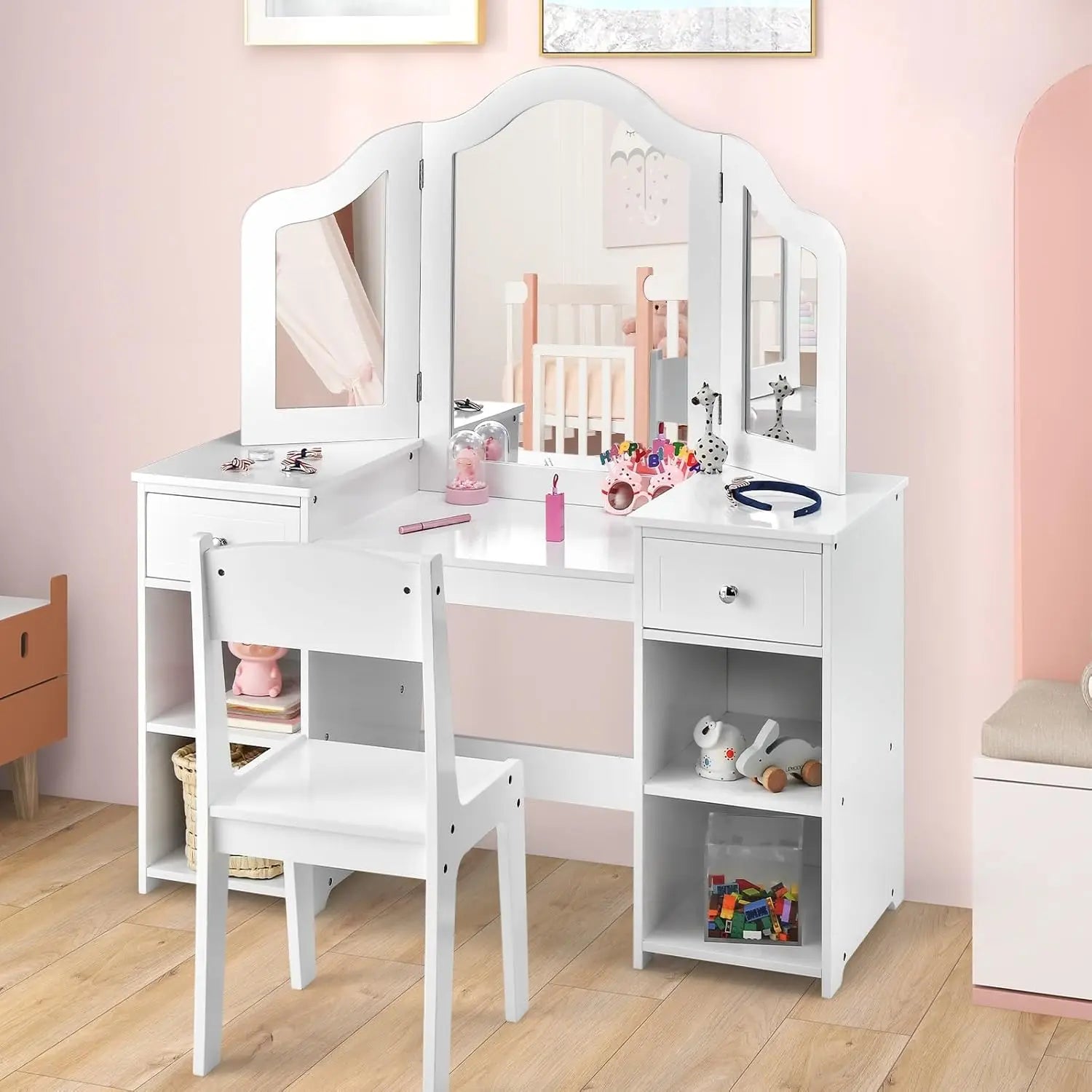 Wooden Girls Vanity - 2 in 1 Princess Makeup Desk & Chair Set with Tri-Folding Detachable Mirror and Large Storage Shelves.