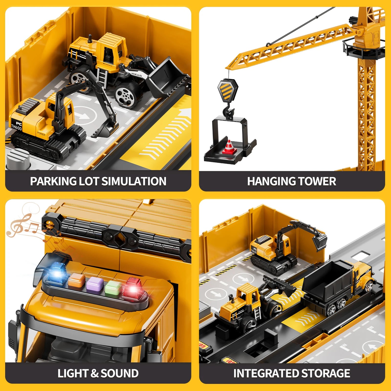 Carrier Construction Truck Toy Set - With Tower Crane, Lights, Sound and 4 Construction Vehicles for Boys
