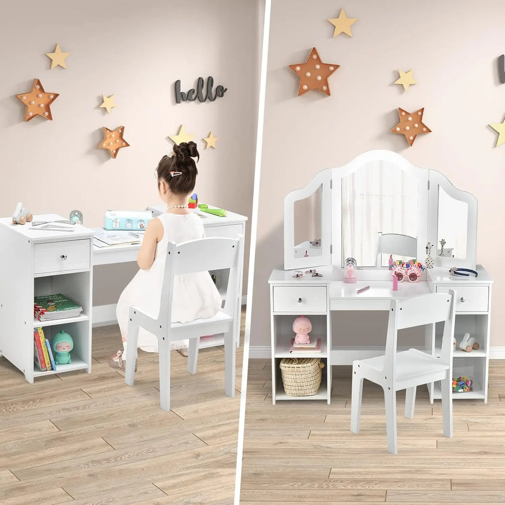 Wooden Girls Vanity - 2 in 1 Princess Makeup Desk & Chair Set with Tri-Folding Detachable Mirror and Large Storage Shelves.