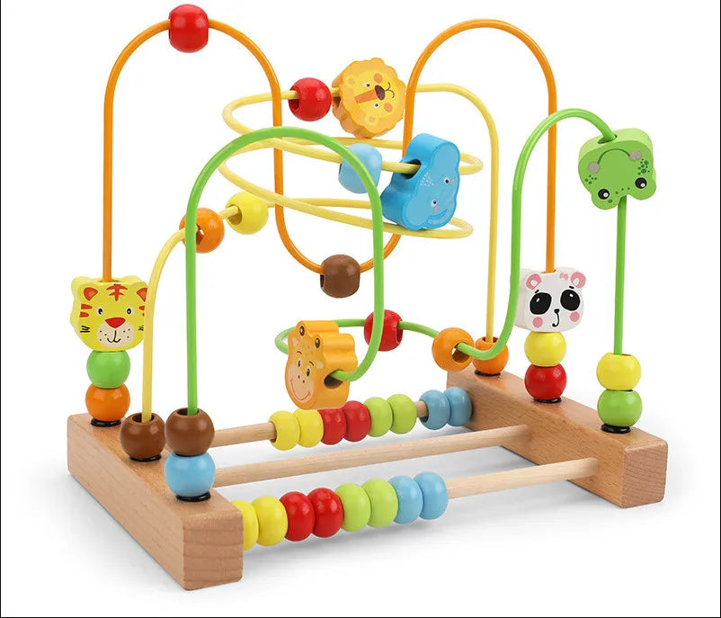 Montessori Wooden Circles Bead Wire Maze Roller Coaster with Colorful Animals, Fruits, Shapes - Educational Counting Toy.