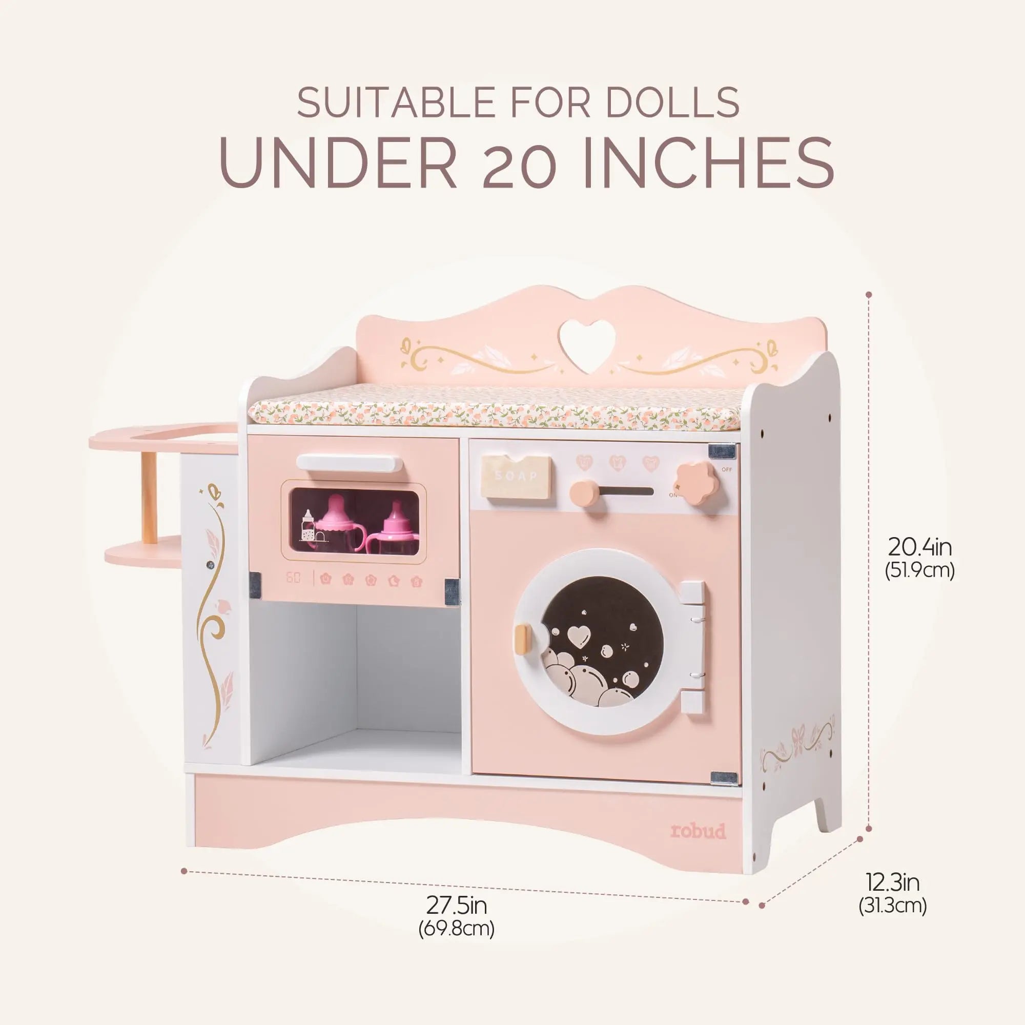 Wooden Pretend Play 2 in 1 Baby Doll Crib Changing Station with Seat and Accessories for Girls.