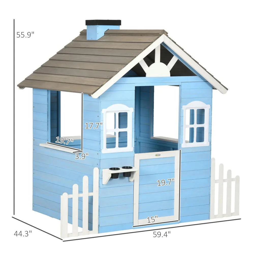 Wooden Outdoor Playhouse for Kids - Country Style Playhouse with Flower Pot Holders, Working Door, Windows
