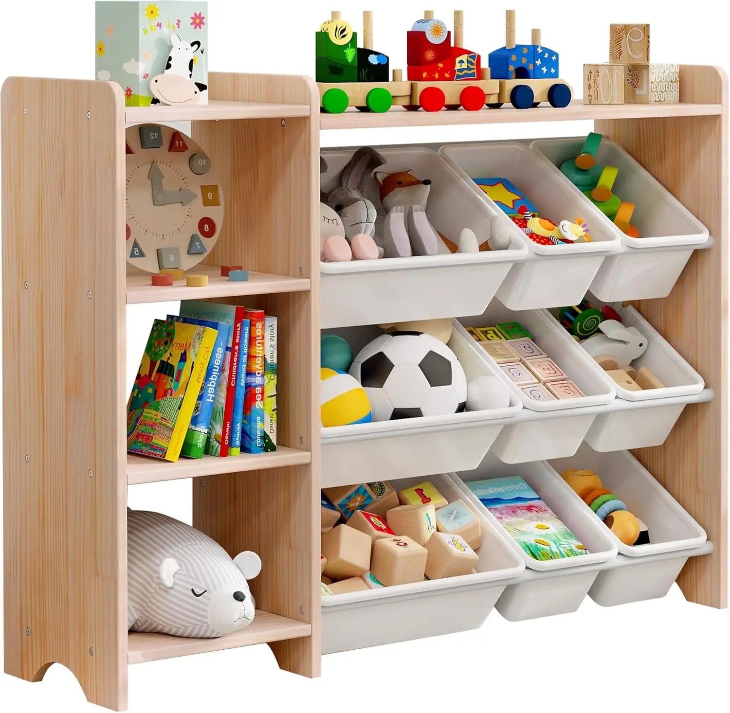 Wooden 4-Tier Kids Toy Storage Organizer Shelf - with 9 Plastic Bins and 3 Shelves.
