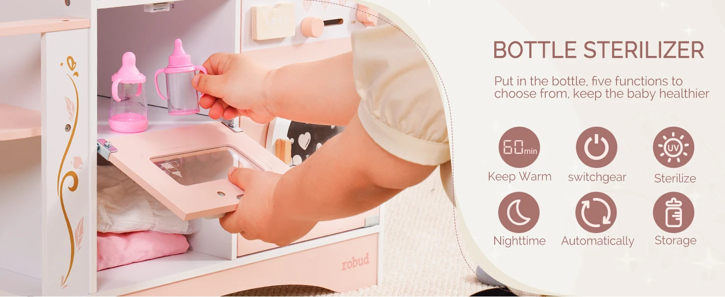 Wooden Pretend Play 2 in 1 Baby Doll Crib Changing Station with Seat and Accessories for Girls.