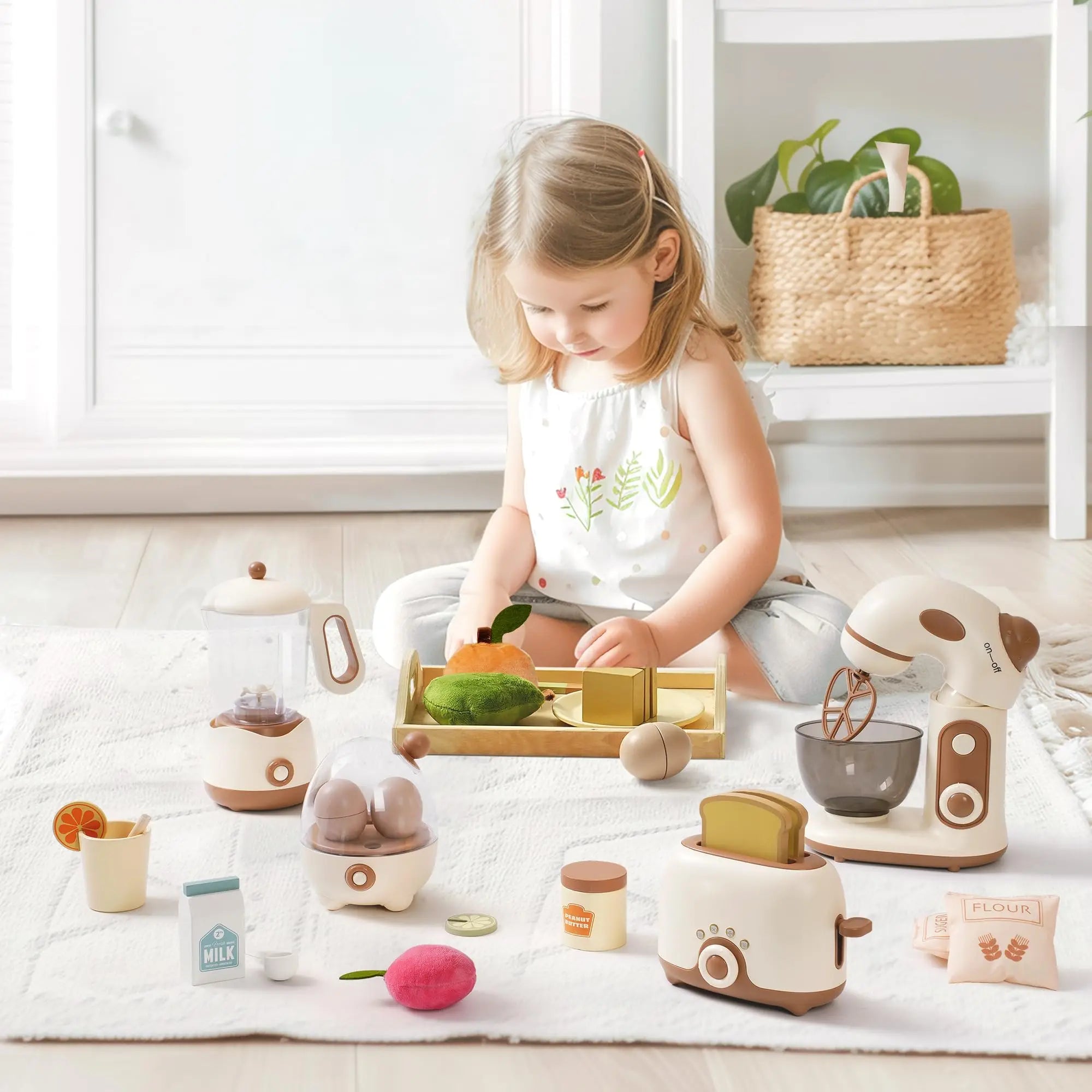 Wooden Kitchen Appliances Playset - 4 x Pieces - Pop-Up Toaster, Mixer, Blender with Realistic Sounds, Egg Steamer and 30 x Play Kitchen Food Accessories for Kids.