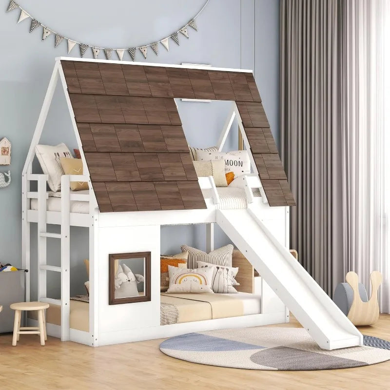 Wooden Twin Over Bunk Bed Frame with Roof, Window, Ladder and Slide for Boys and Girls
