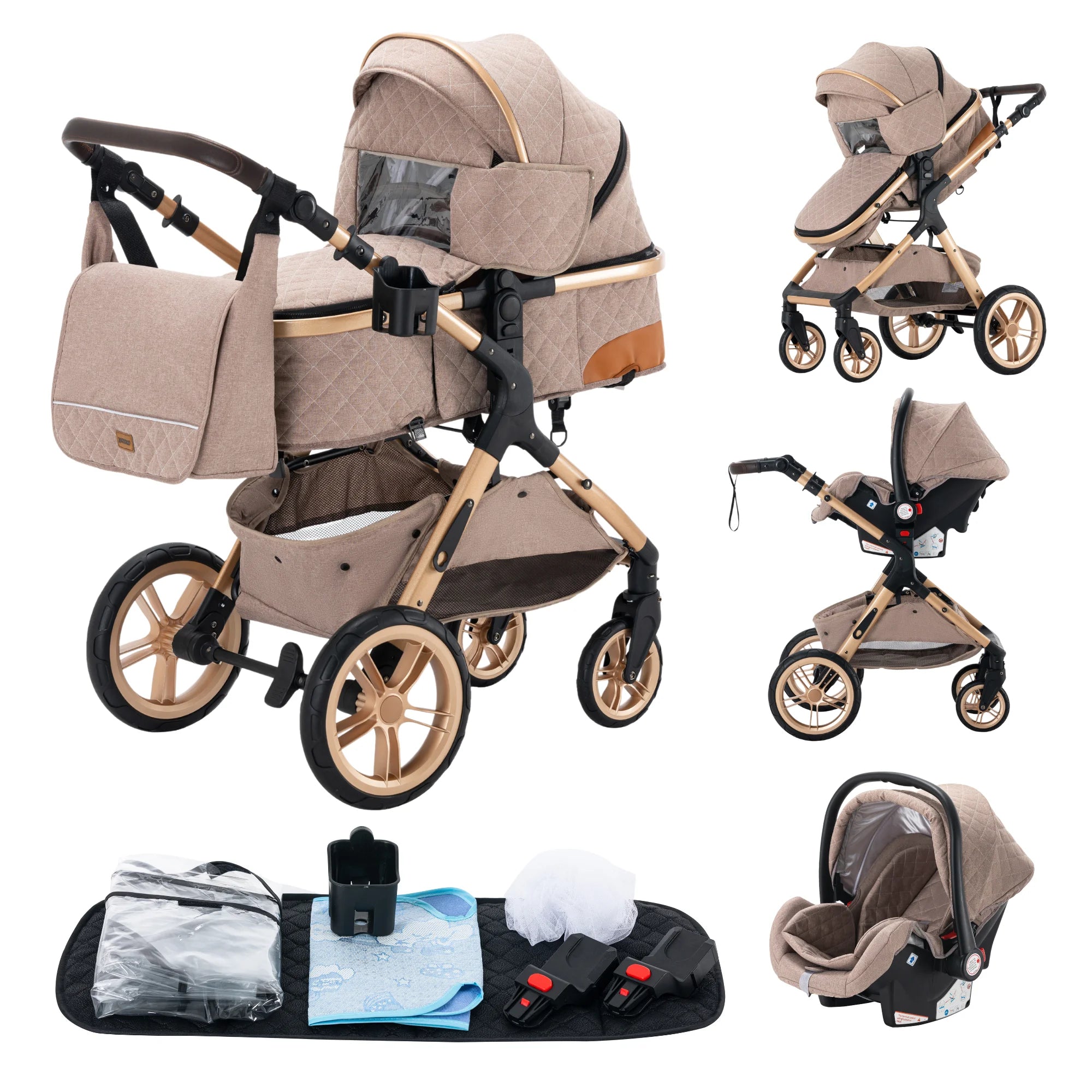 Deluxe Baby Stroller - 3-in-1 Lightweight Stroller Travel System - Multifunctional Pram with Aluminum Frame
