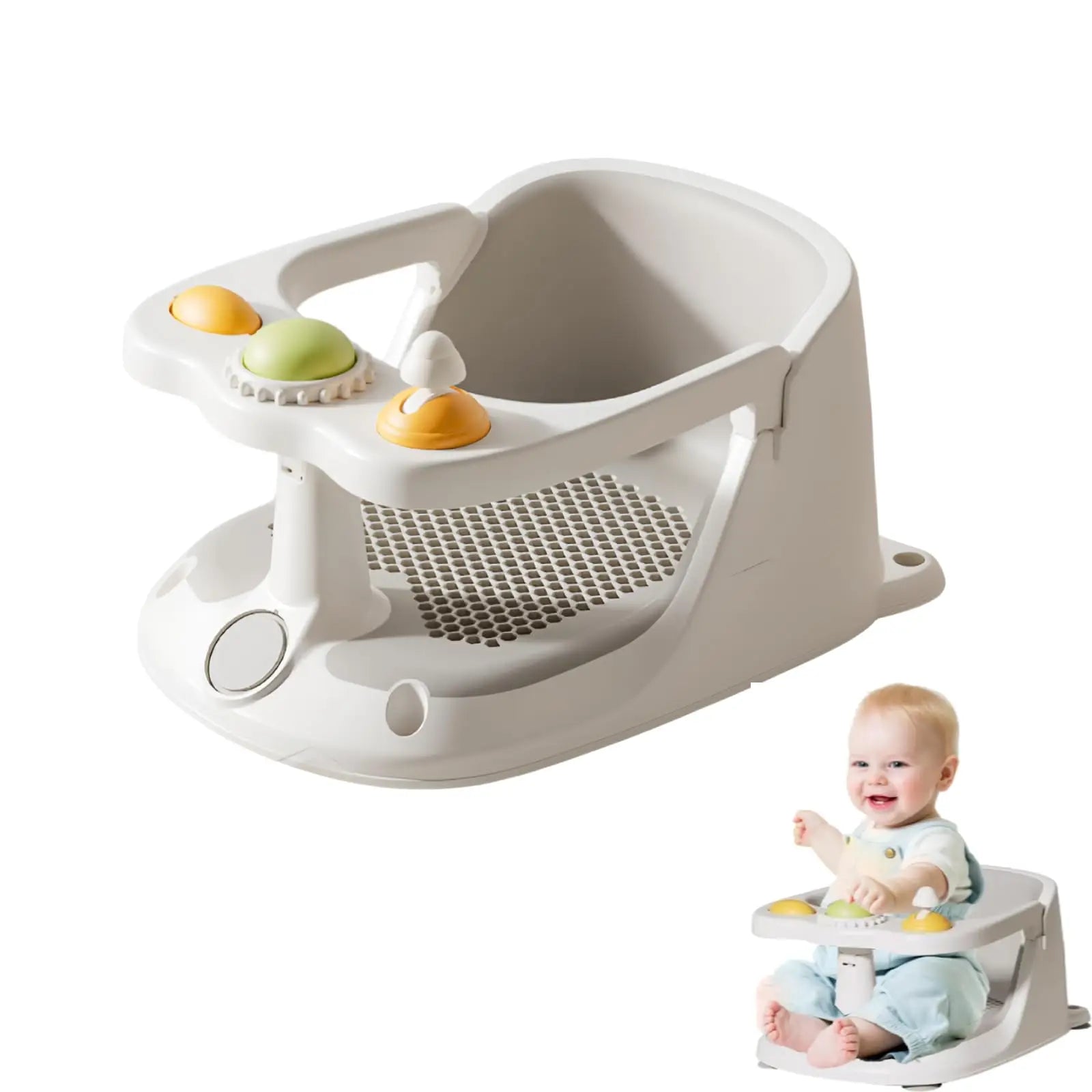 Baby Bath Chair - Anti-Slip Secure Suction Multifunctional Bathing Aid with Temperature Sensor.