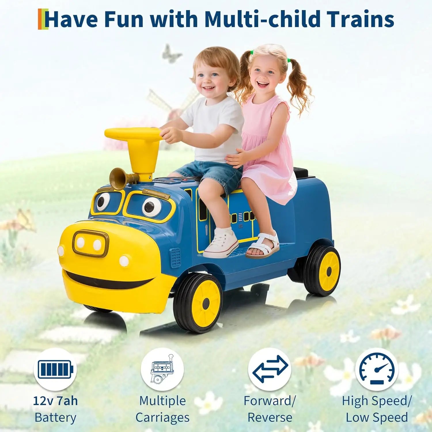 2 Seater Ride On Trackless Train - 12V Battery Operated Kids Ride On Toy with Height Adjustable Seat, Storage Space and add-on Carriage.