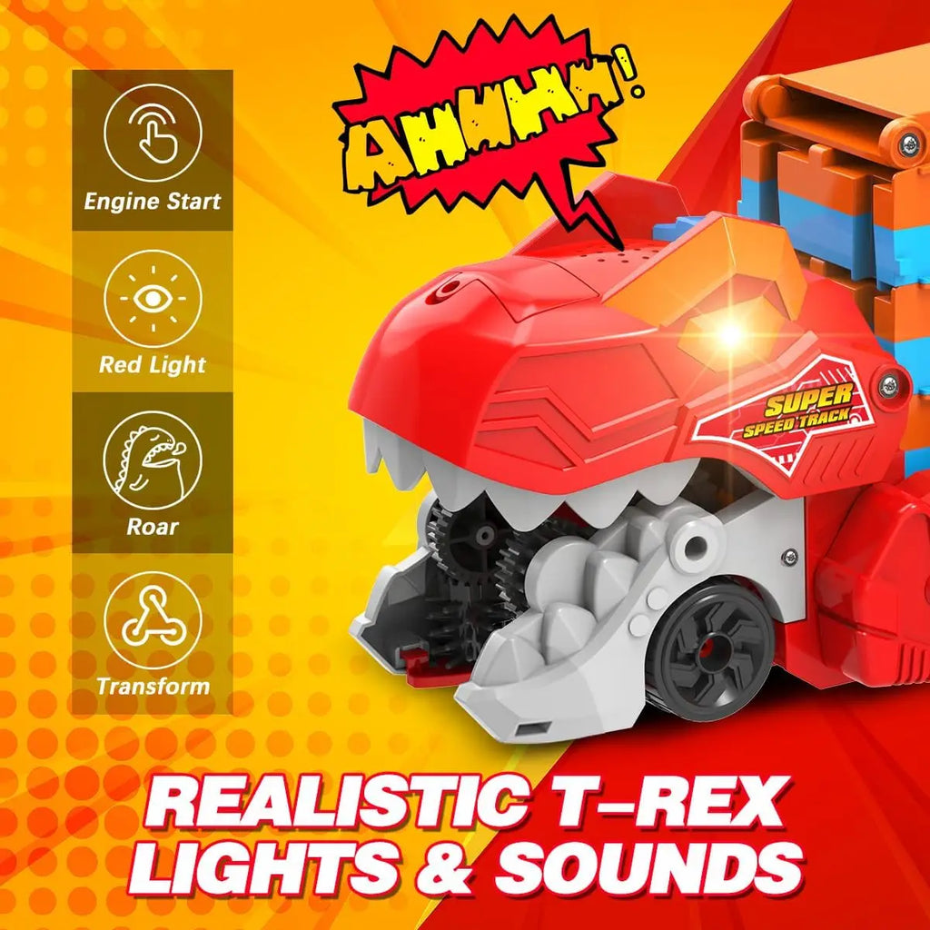 Dinosaur 3-In-1 Transport Truck Toy for Boys Age 3+ - 8 Race Cars Ejection Folding Portable ck Toy with Sound for Kids