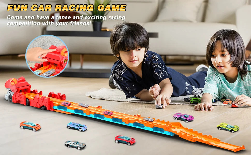 Dinosaur 3-In-1 Transport Truck Toy for Boys Age 3+ - 8 Race Cars Ejection Folding Portable ck Toy with Sound for Kids