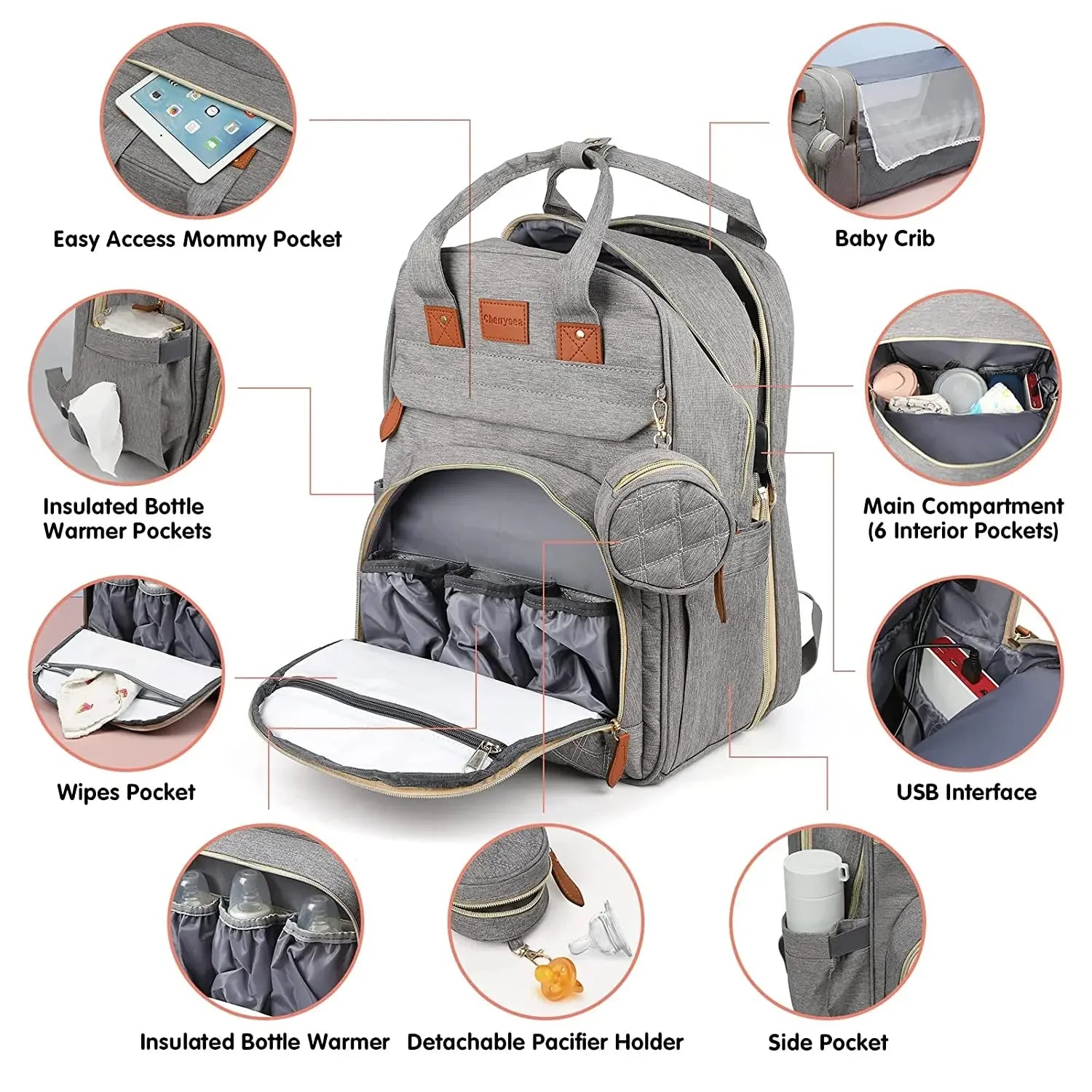 Diaper Bag with Changing Station - Large Waterproof 3 in 1 Baby Diaper Backpack with Foldable Changing Pad with USB Charger.