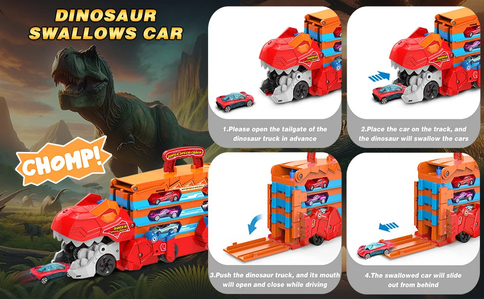 Dinosaur 3-In-1 Transport Truck Toy for Boys Age 3+ - 8 Race Cars Ejection Folding Portable ck Toy with Sound for Kids