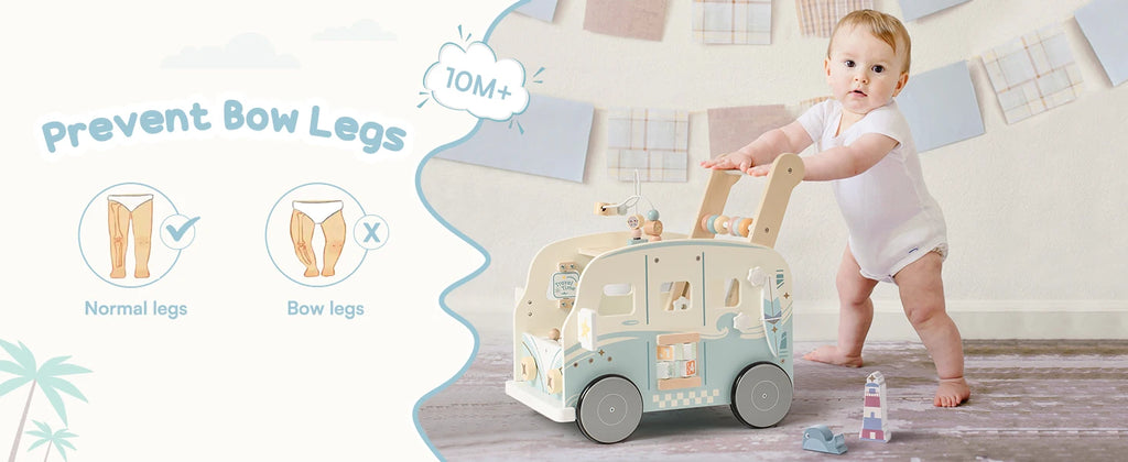 Wooden Montessori Baby Multifunctional Push Along Activity Walker with Wheels for Toddlers.