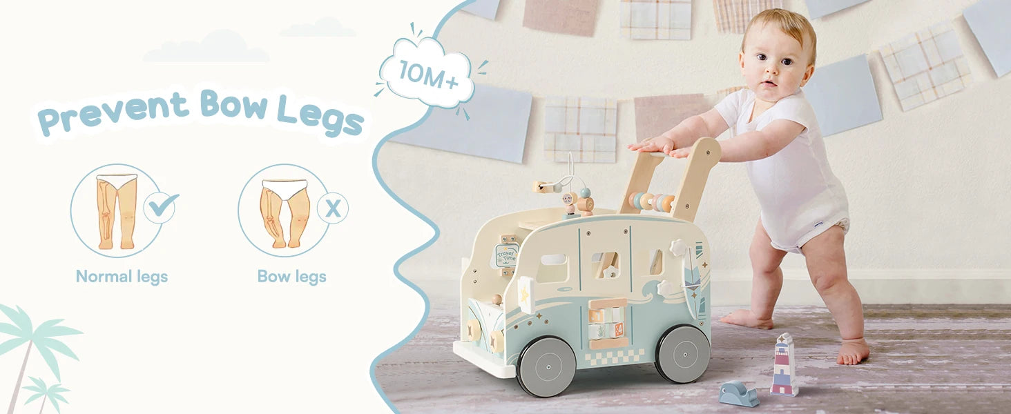 Wooden Montessori Baby Multifunctional Push Along Activity Walker with Wheels for Toddlers.