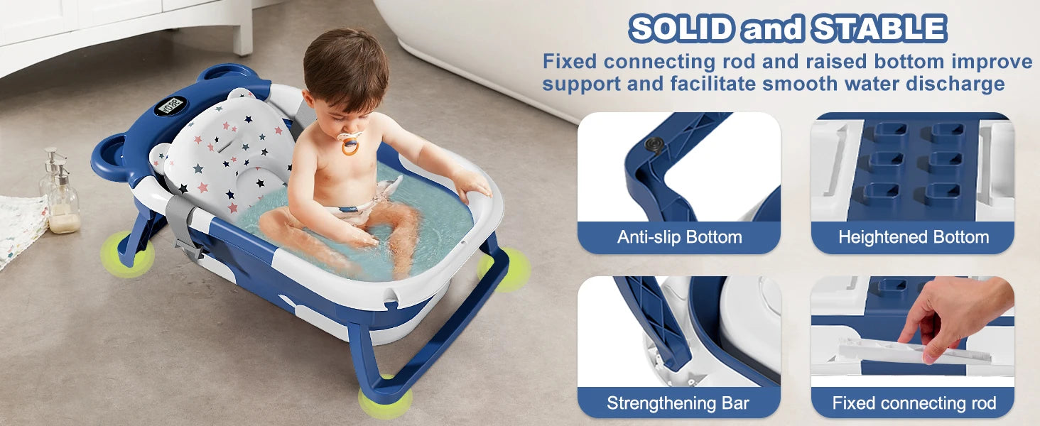 Collapsible Baby Portable Travel Bathtub - with Thermometer and Soft Floating Cushion