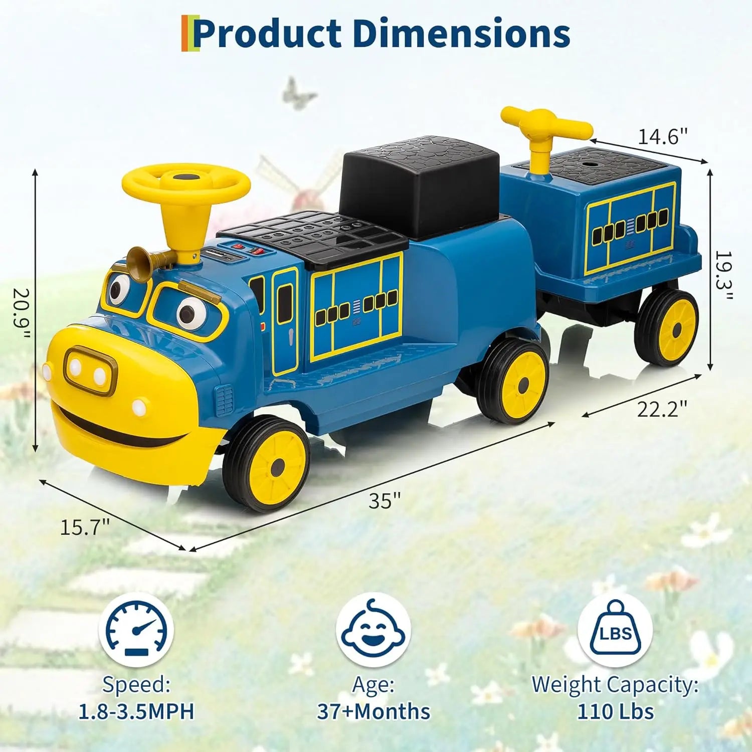 2 Seater Ride On Trackless Train - 12V Battery Operated Kids Ride On Toy with Height Adjustable Seat, Storage Space and add-on Carriage.