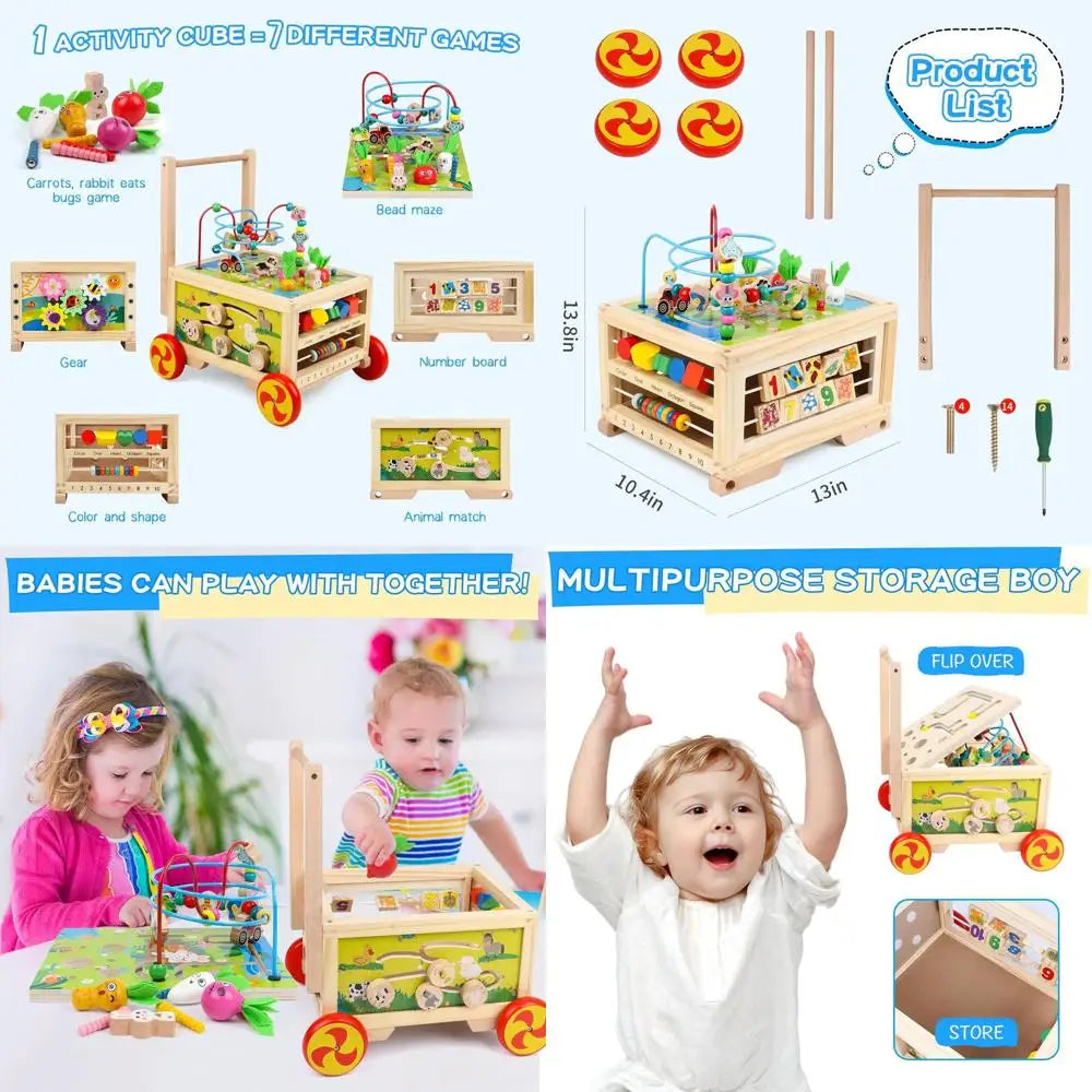 Montessori Educational 7 - 1 Wooden Push Walker Activity Busy Cube with Maze, Gears, Numbers and More