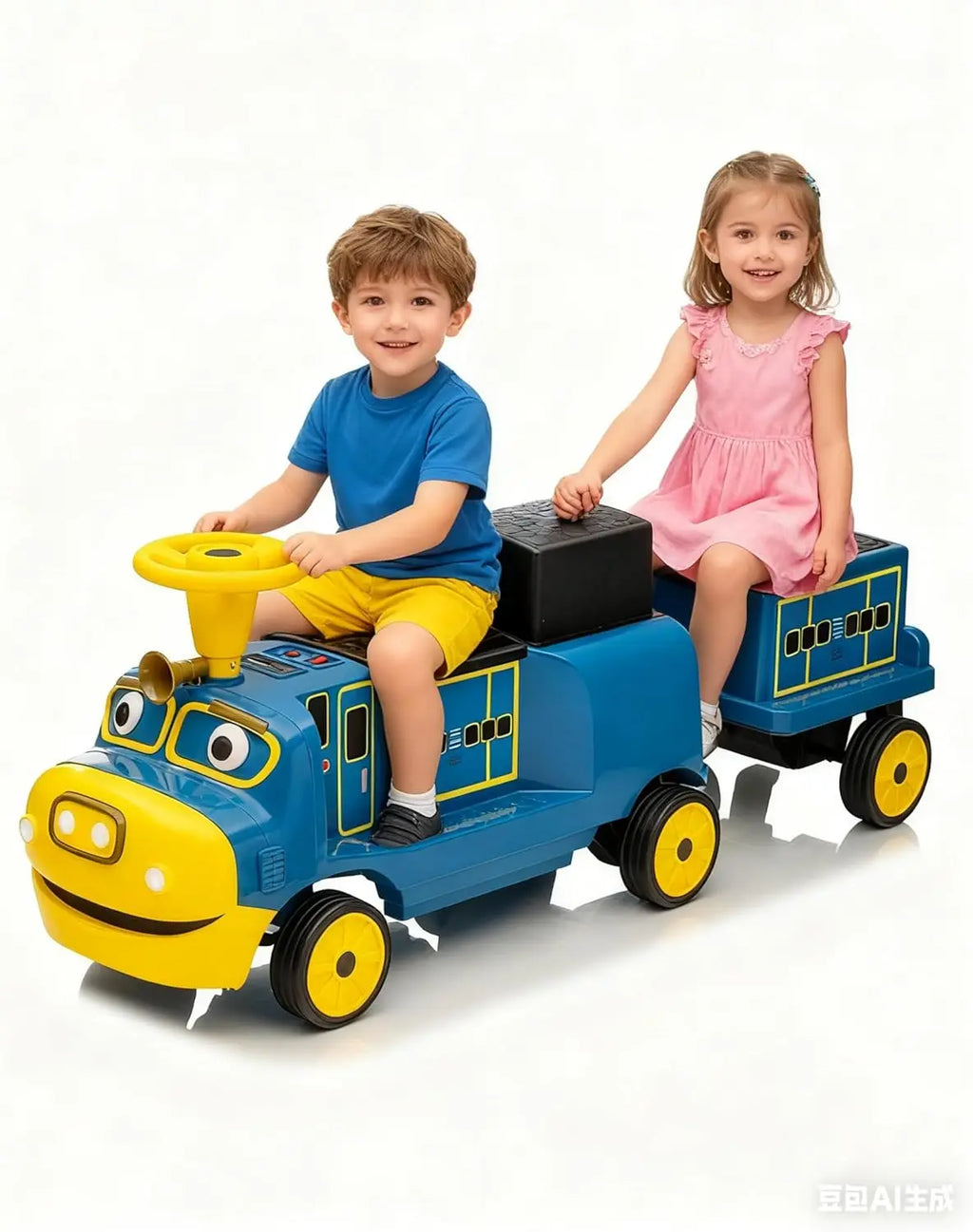 2 Seater Ride On Trackless Train - 12V Battery Operated Kids Ride On Toy with Height Adjustable Seat, Storage Space and add-on Carriage.