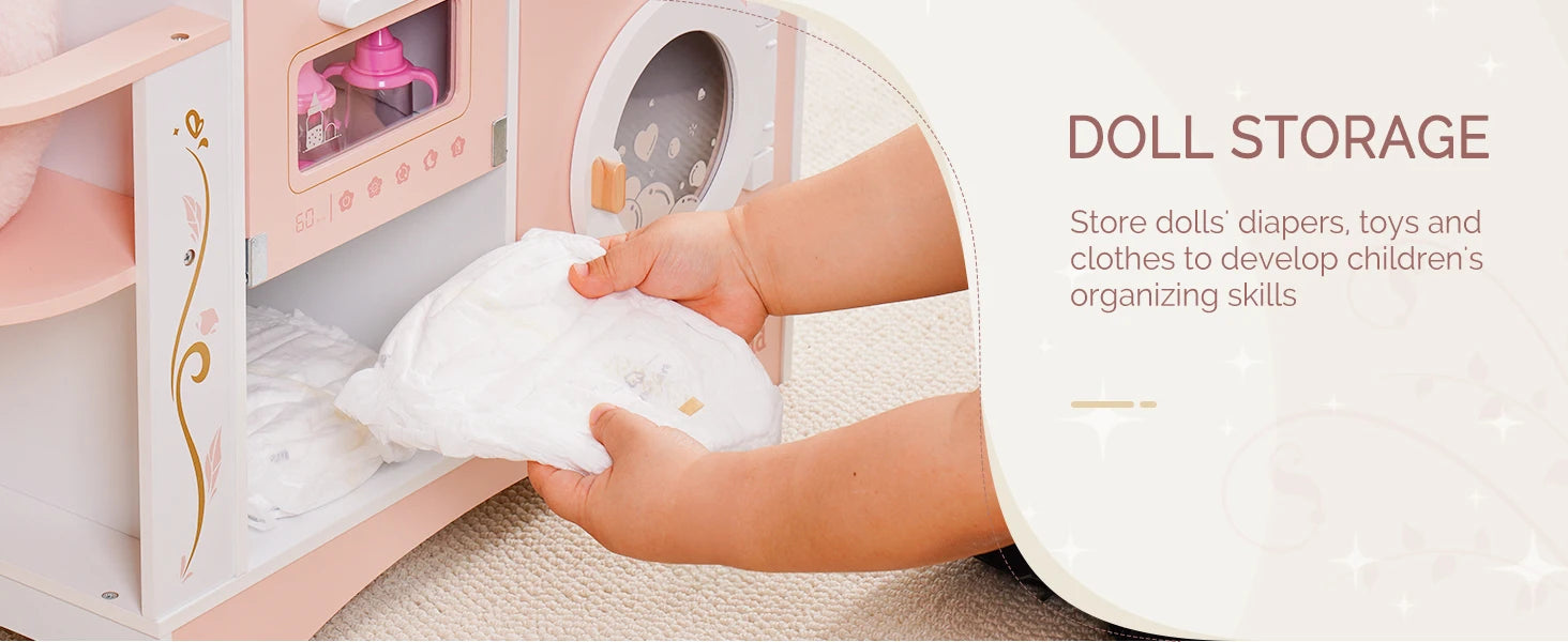 Wooden Pretend Play 2 in 1 Baby Doll Crib Changing Station with Seat and Accessories for Girls.