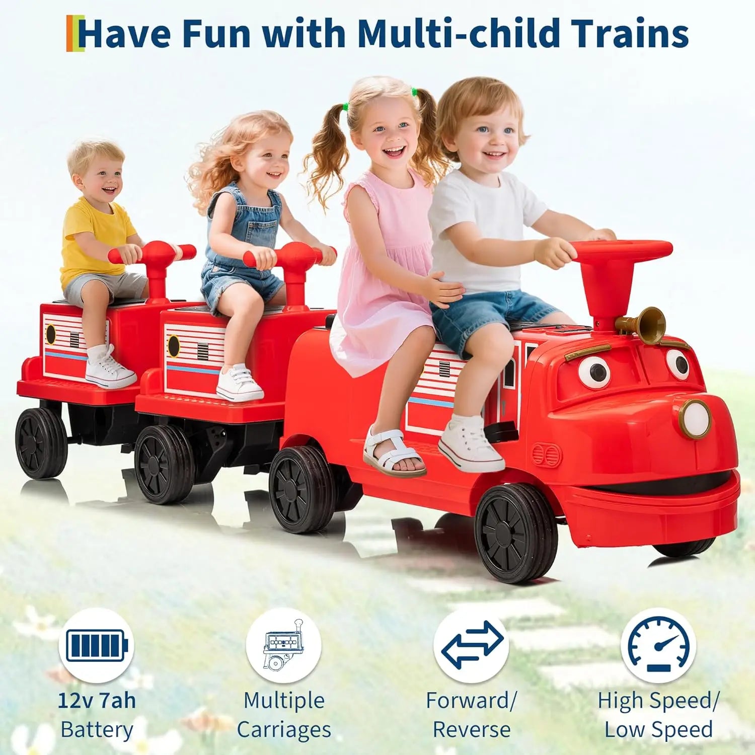 2 Seater Ride On Trackless Train - 12V Battery Operated Kids Ride On Toy with Height Adjustable Seat, Storage Space and add-on Carriage.