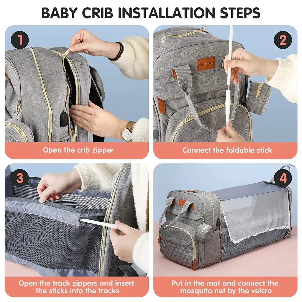 Diaper Bag with Changing Station - Large Waterproof 3 in 1 Baby Diaper Backpack with Foldable Changing Pad with USB Charger.