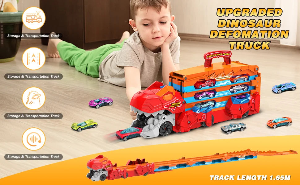 Dinosaur 3-In-1 Transport Truck Toy for Boys Age 3+ - 8 Race Cars Ejection Folding Portable ck Toy with Sound for Kids