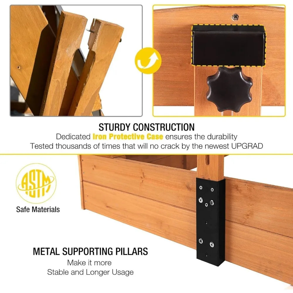 Wooden Outdoor Sandbox Playset with Adjustable Canopy and Foldable Bench Seats for Kids